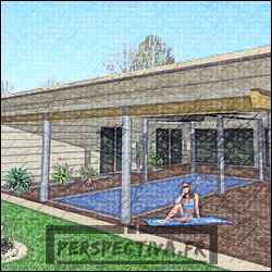 Plan de maison en U agrandie (un peu) et revisitée par Perspectiva. 5 chambres, piscine avec toit ouvrant